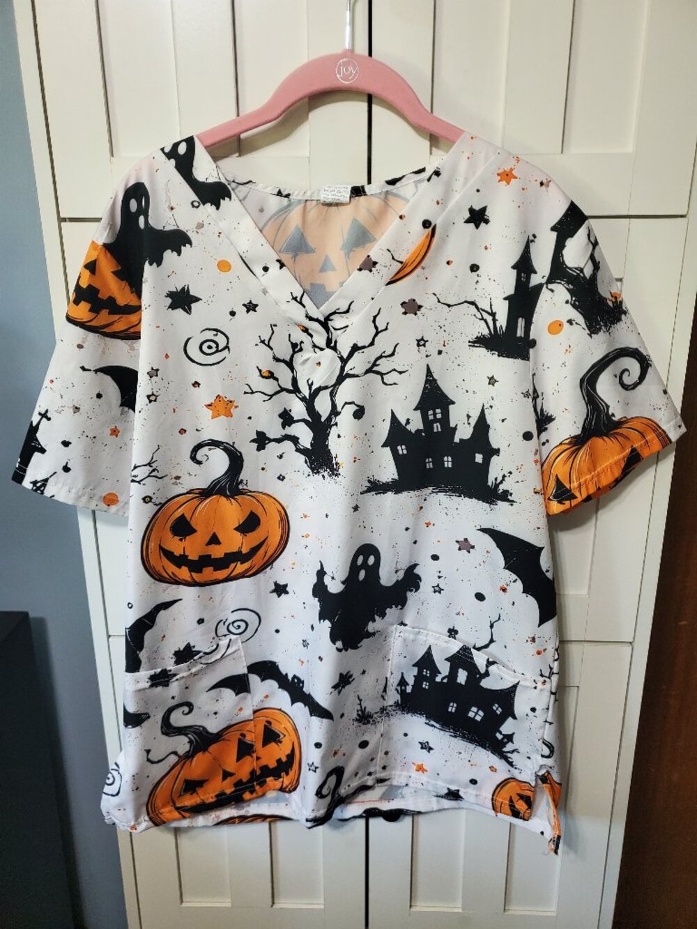 Size Medium White Haunted House Scrub Top